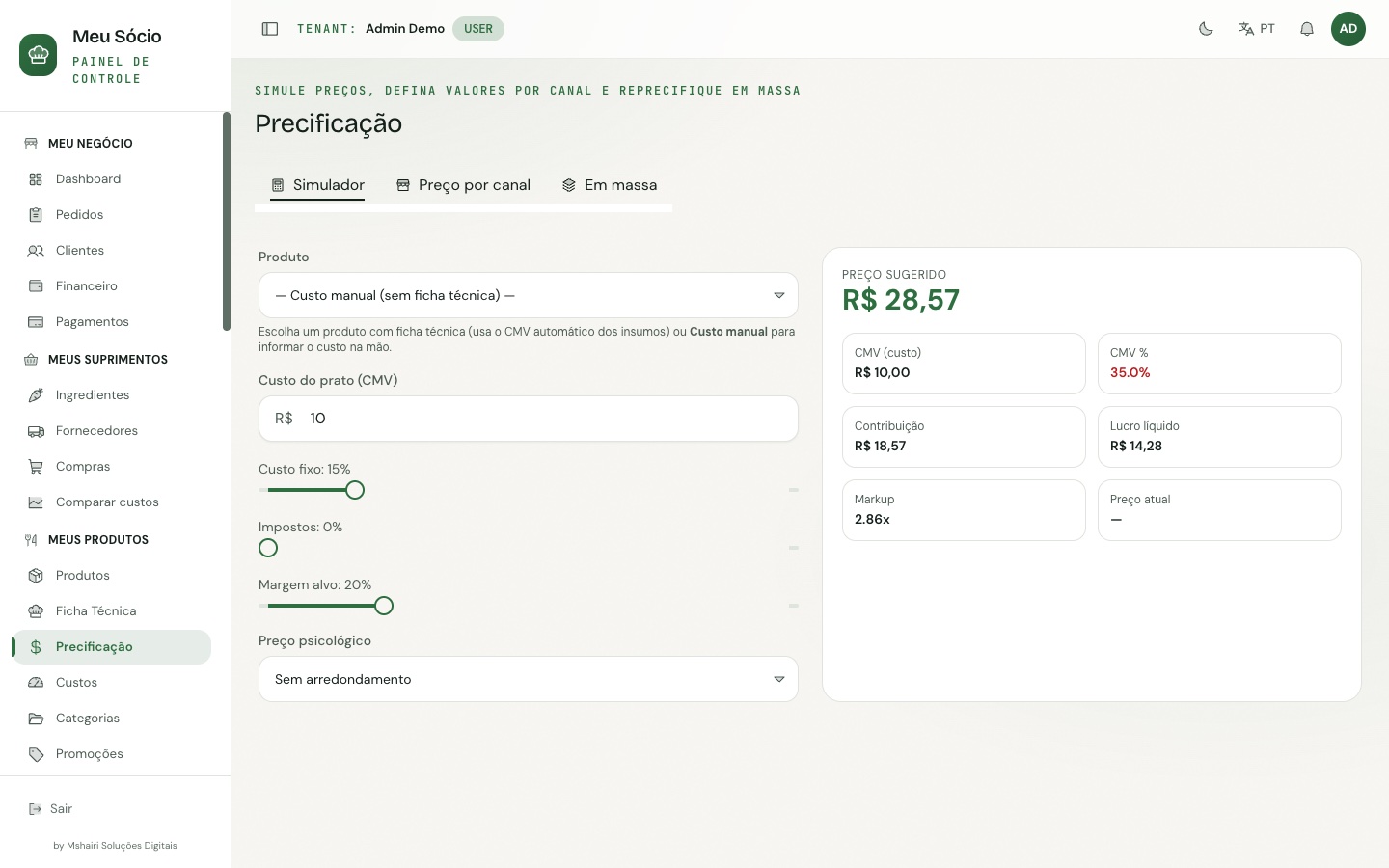 Pricing simulator with suggested price and margin in Seu Sócio